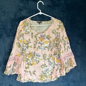 Unique Spectrum Pink Floral lace Sleeve Blouse top Womans‎ Size Large